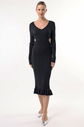 Long Sleeve Black Knit Midi Dress with Cut Outs ANGELEYE
